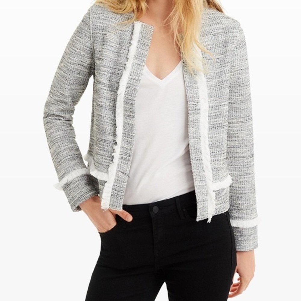 Club Monaco Tweed Fringe Trim Chandisse Knit Blazer Jacket